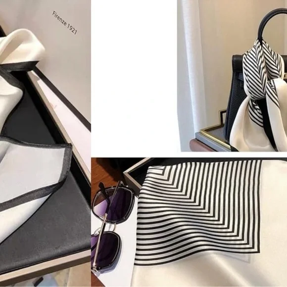 100% Mulberry Silk Neck Scarf 21"x21" Black & White Stripes - Picture 5 of 6
